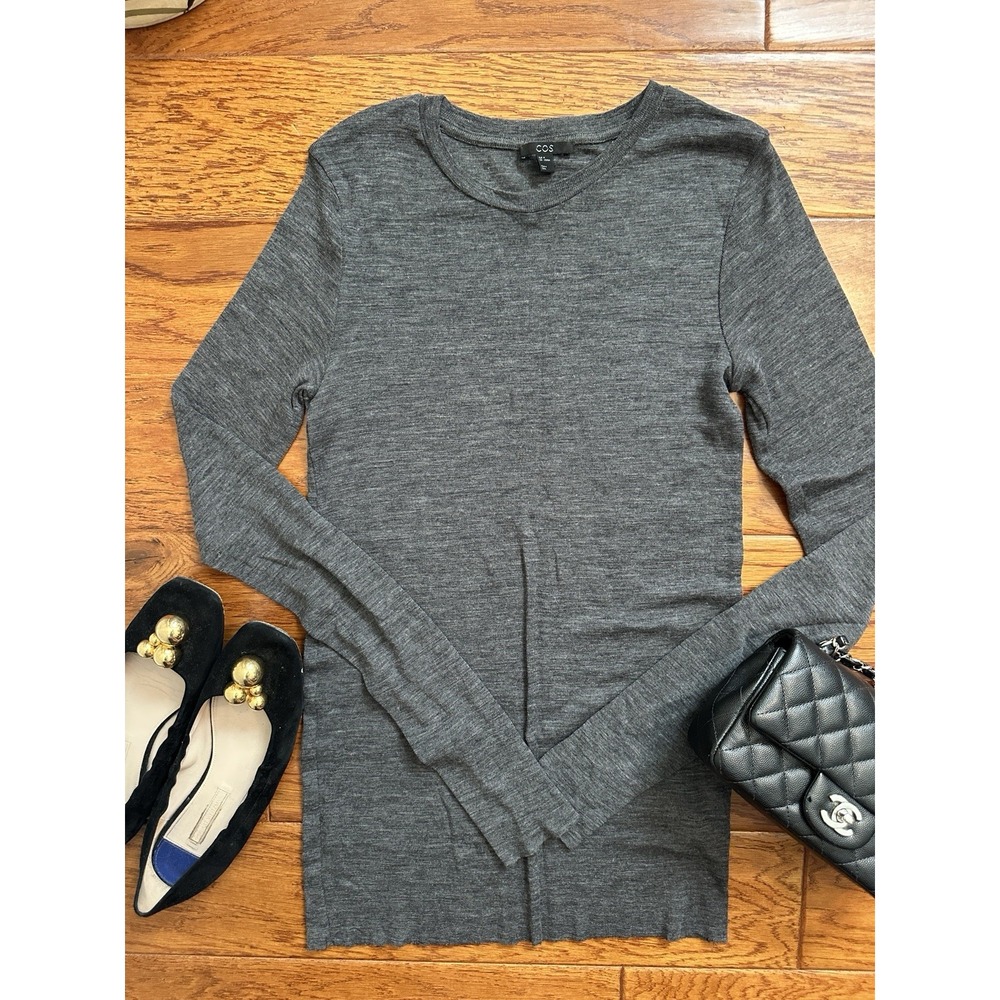 COS Womens M 100% Wool Thin Lightweight Crewneck Long Sleeve Top Dark Gray